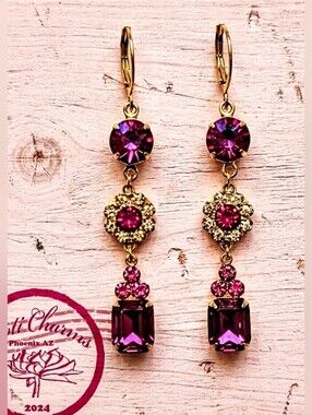 Victorian Fuchsia & Pink AB Swarovski & Flower Crystals In Long Ornate  Earrings